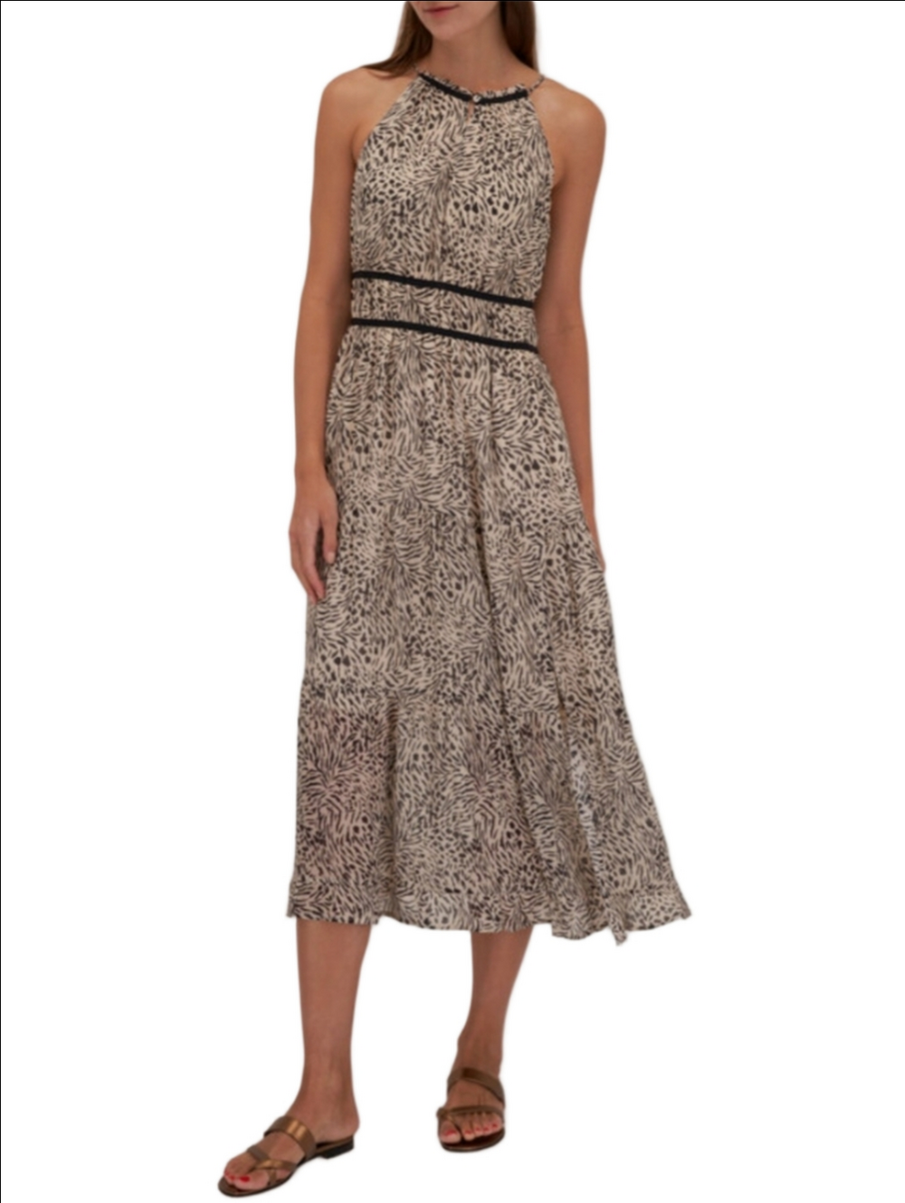 PAIGE Esmerelda 100% Silk Animal-Print Maxi Dress Halter Elastic Waist Flowy Hem